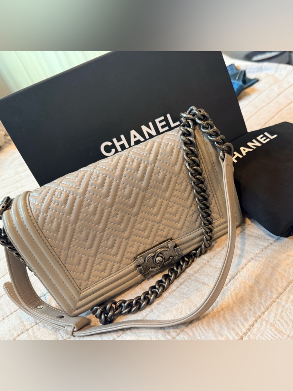 CHANEL Gray Quilted Boy Bag Crossbody with Dark Ruthenium Chain